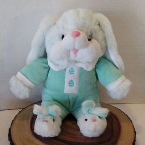 Dan Dee 00s Mint Green Bunny in PJs & Bunny Slippers Plushie‎ NWT Deadstock